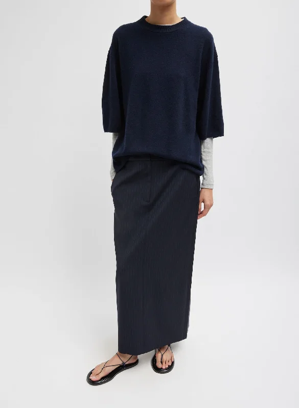 Skirts with gathered waist-Women's Button-Front A-Line Skirts-Dominic Pinstripe Long Trouser Skirt