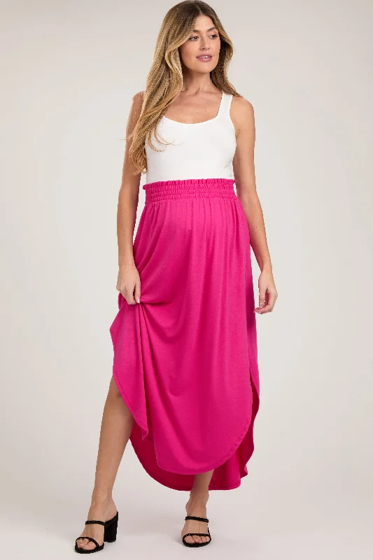 Skirts for chic events-Women's Fleece A-Line Skirts-Fuchsia Smocked Rounded Hem Maternity Maxi Skirt