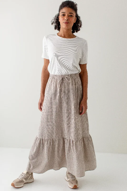 Skirts in pale gold-Women's Slit Pencil Skirts-'Giselle' Cotton Ruffle Hem Gingham Maxi Skirt in Taupe