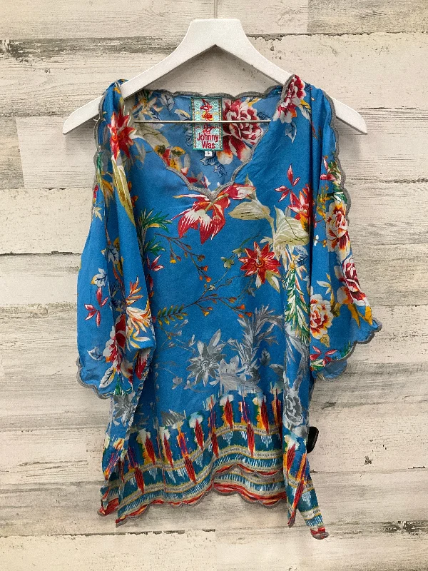 breezy blouses for travel-Blouses and shirts with wrap back -Women's Flutter Sleeve Blouses-Top Short Sleeve By Johnny Was In Blue, Size: S