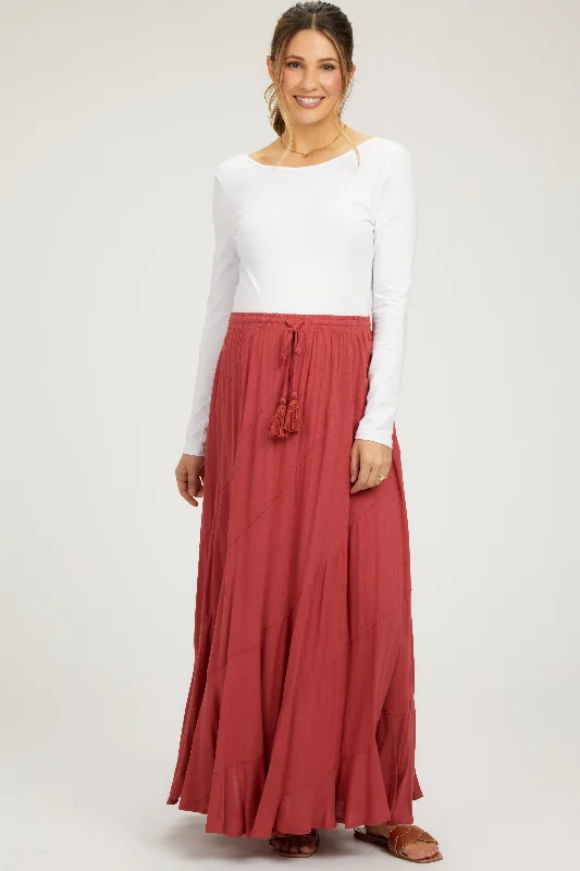 Skirts with side tie-Women's Insulated Ruffle Skirts-Red Tassel String Maternity Maxi Skirt