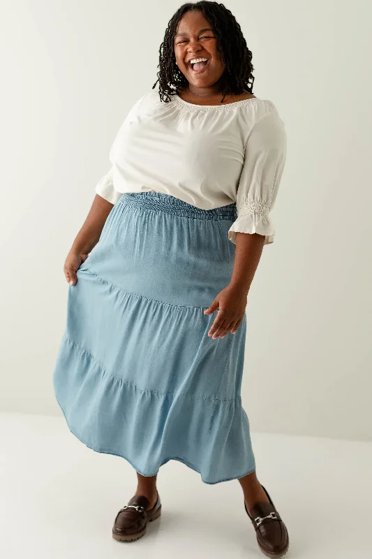 Skirts in rich teal-Women's Cotton Skirts-Plus 'Juanita' Tiered Lyocell Midi Skirt in Chambray