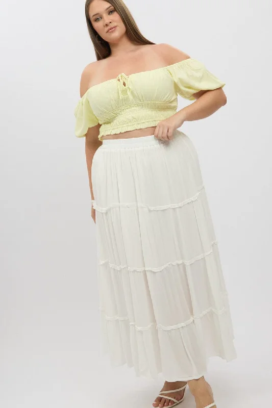 Skirts with layered style-Women's Midi Skirts-White Tiered Crinkle Maxi Skirt