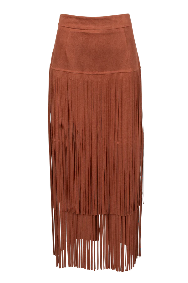 Skirts for cool days-Women's Boho Skirts-Suede Fringe Skirt in Rust by Adore