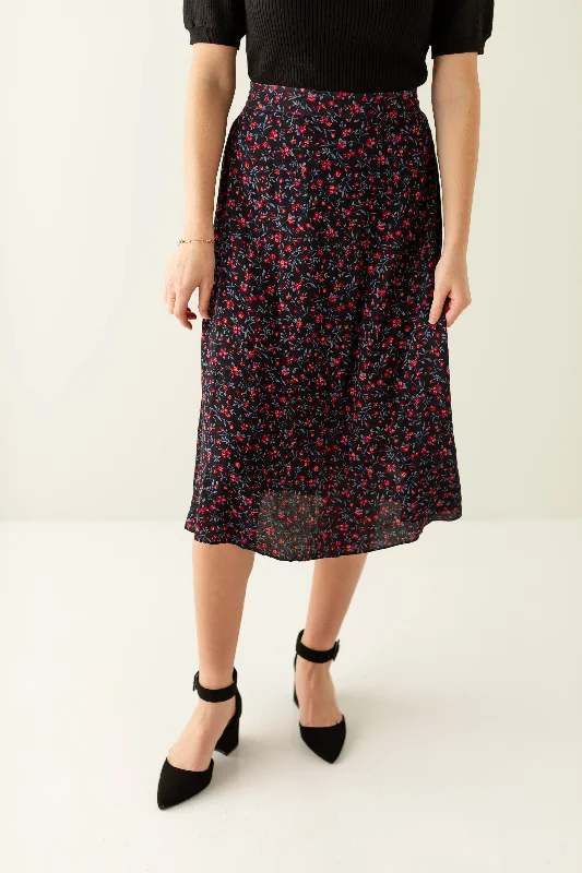 Skirts with stripes-Women's Fleece Pencil Skirts-'Vera' Ditsy Floral A-Line Midi Skirt in Black