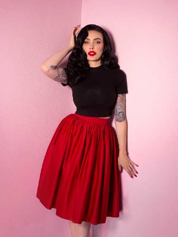 Skirts with bold ruffles-Women's Windproof A-Line Skirts-BACKLOT NON DAMAGED - Vixen Swing Skirt in Red - Vixen by Micheline Pitt