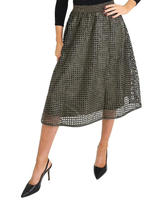 Skirts with geometric pattern-Women's Low-Rise Skirts-Faux Leather Midi Skirt w/ Cutouts