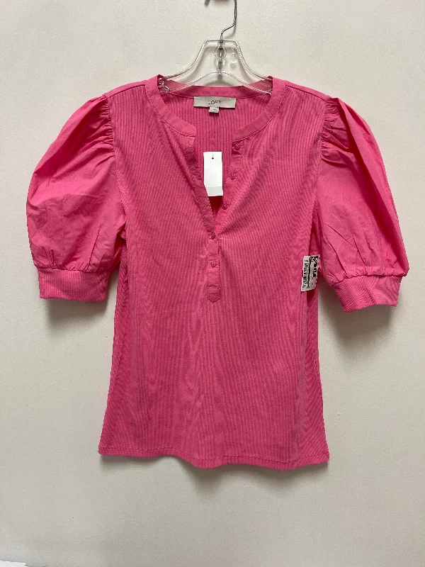 taupe linen shirts-Blouses and shirts with crochet trim -Women's Plaid Shirts-Top Short Sleeve By Loft In Pink, Size: M