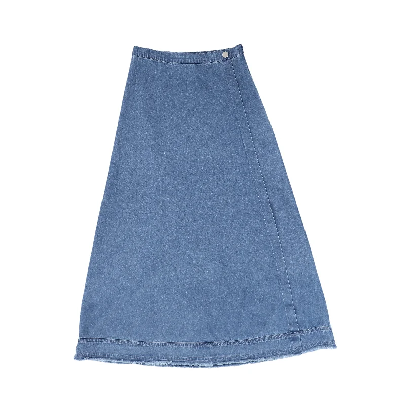 Skirts for evening poise-Women's Tiered Skirts-skirt midi wrap fringe bottom - light denim blue