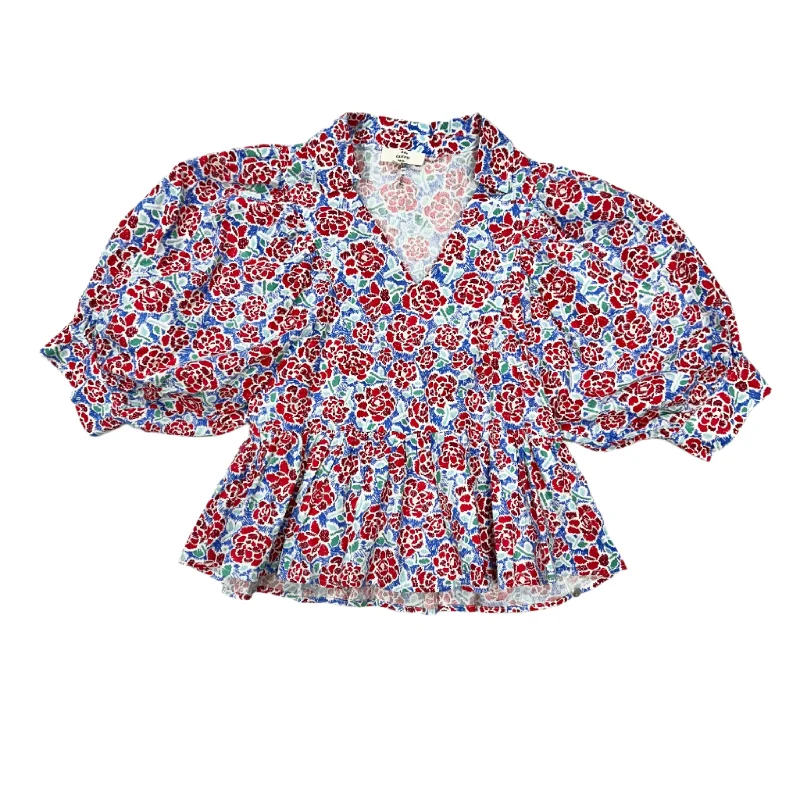 sophisticated blouses for evening-Blouses and shirts with split hem -Women's Vintage Blouses-Top 3/4 Sleeve By Entro In Blue & Red, Size: S