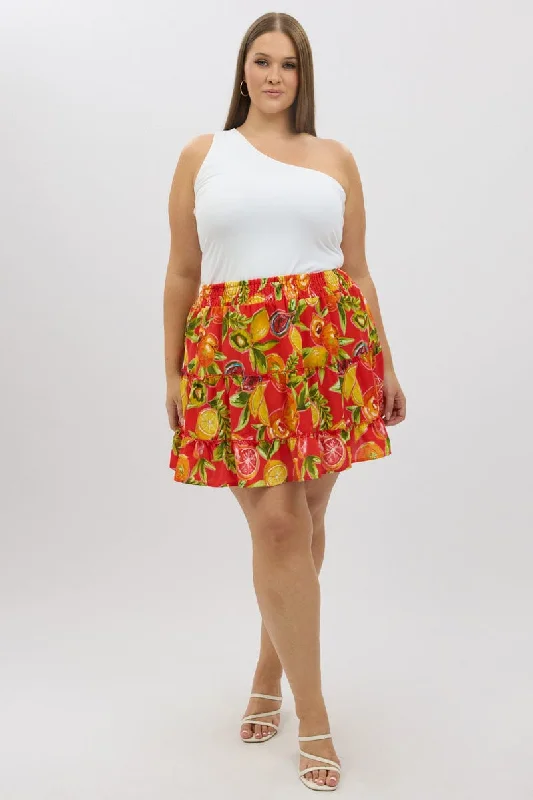 Skirts with drawstring-Women's Low-Waisted Floral Skirts-Red Abstract Holiday Fruit Print Mini Skirt