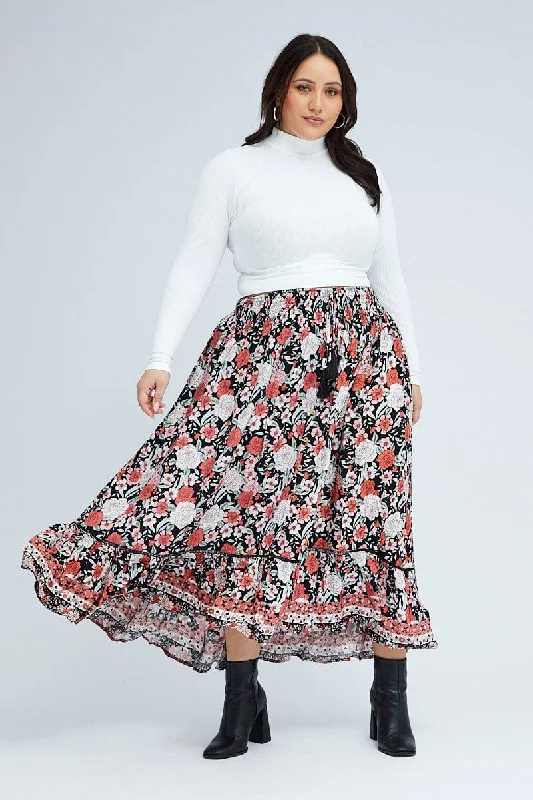 Skirts for winter-Women's Button-Front Pencil Skirts-Boho Print Elastic Waist Frill Hem Midi Skirt