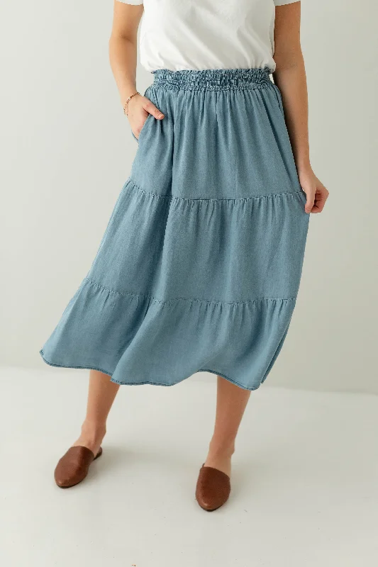 Skirts with subtle pleats-Women's Zip-Up Ruffle Skirts-'Juanita' Tiered Lyocell Midi Skirt in Chambray