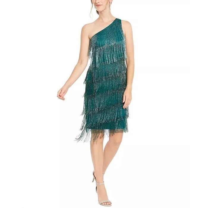 Women's Casual Sundress Floral Dresses-Adrianna Papell Women's Beaded Fringe Dress Green Size 4