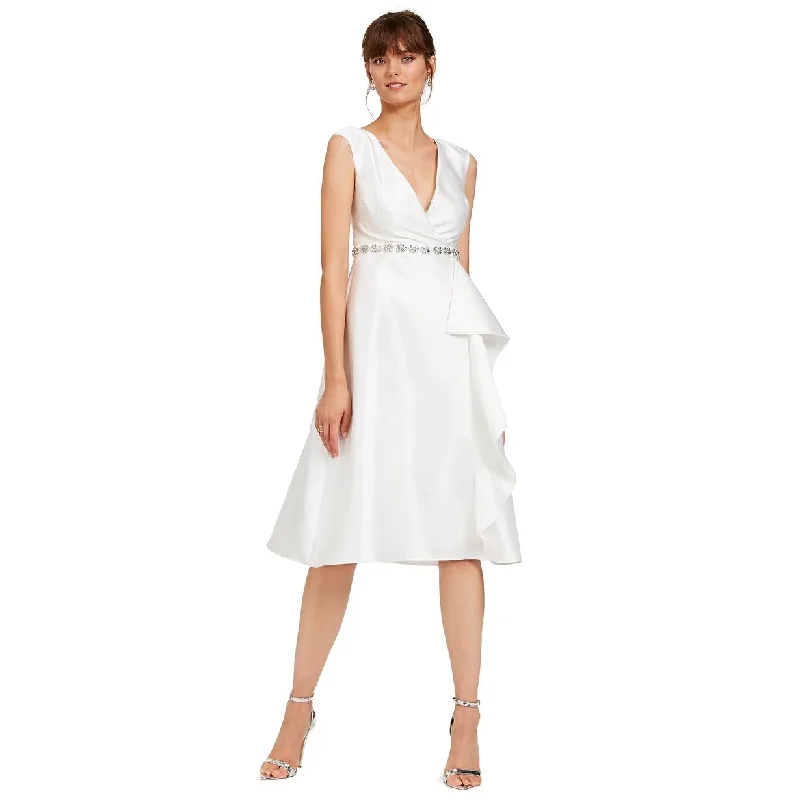 Women's Casual Short Sleeve Dresses-Adrianna Papell Women's Tea-Length Mikado Dress White Size 4