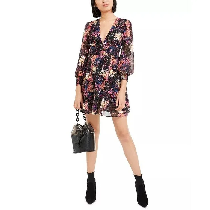 Women's Casual Elbow Sleeve Dresses-Bar III Women's Confetti Printed Blouson-Sleeve Dress Black Size Small