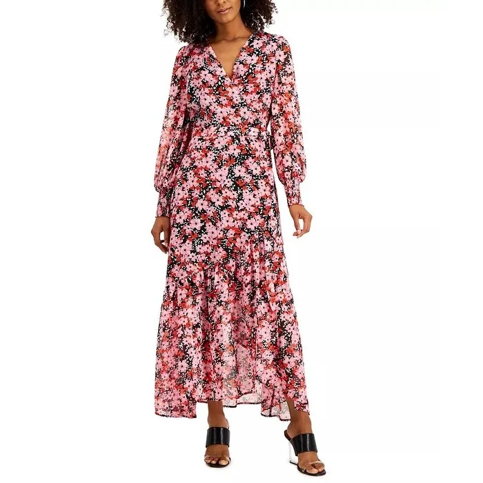 Women's Casual Kimono Sleeve Dresses-Bar III Women's Floral-Print Wrap Dress Pink Size Small