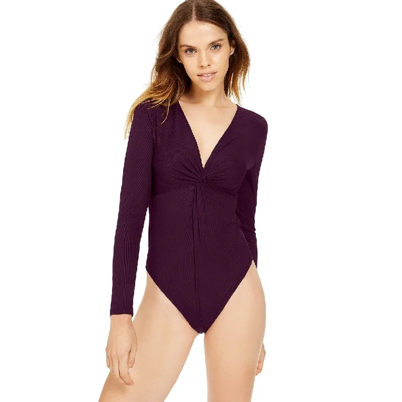 Women's Casual One Shoulder Dresses-Bar III Women's Twisted Thong Bodysuit Black Currant Size Small