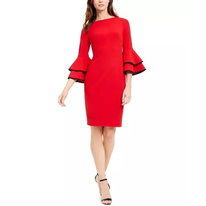 Women's Casual Party Dresses-Calvin Klein Women's Bell Sleeve Sheath Dress Red Size 14