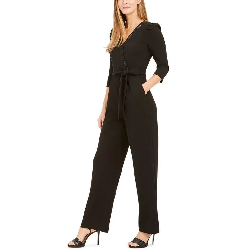 Women's Casual Park Floral Dresses-Calvin Klein Women's Belted Bling Surplice Jumpsuit Black Size 4