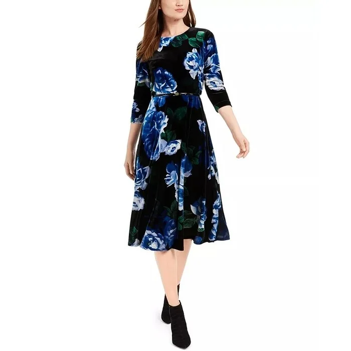 Women's Casual Lace Dresses-Calvin Klein Women's Belted Printed Velvet Dress Blue Size 12