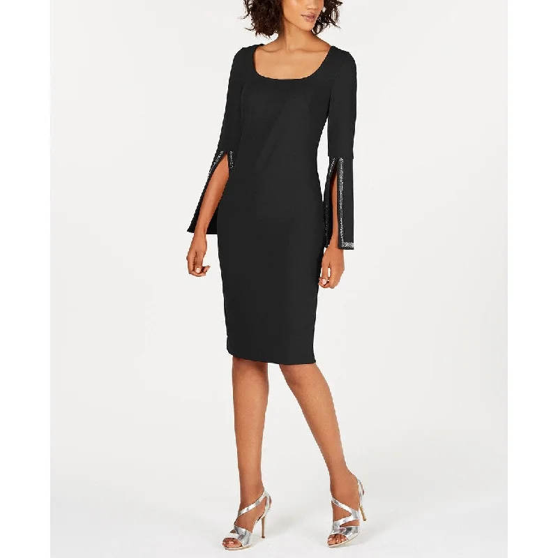 Women's Casual Party Dresses-Calvin Klein Women's Blingy Bell-Sleeve Sheath Dress Black Size 2