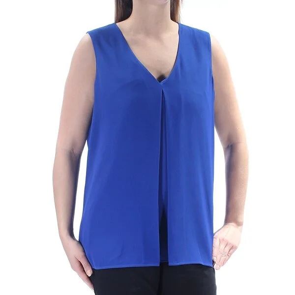 Women's Casual Lounge Solid Color Dresses-Calvin Klein Womens Blue Panel Front V Neck Sleeveless Top, Size XL