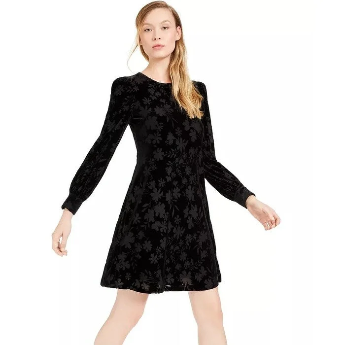 Women's Casual Festival Floral Dresses-Calvin Klein Women's Burnout Velvet Pattern A-Line Dress Black Size 16