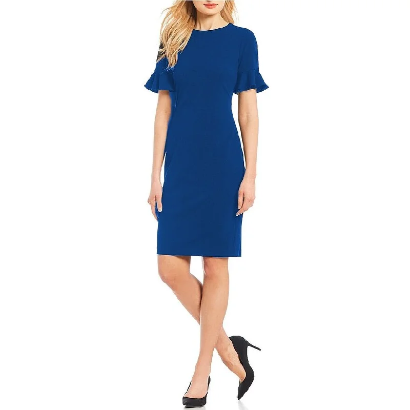 Women's Casual Night Out Floral Dresses-Calvin Klein Women's Flutter Sleeve Sheath Dress Blue Size 8