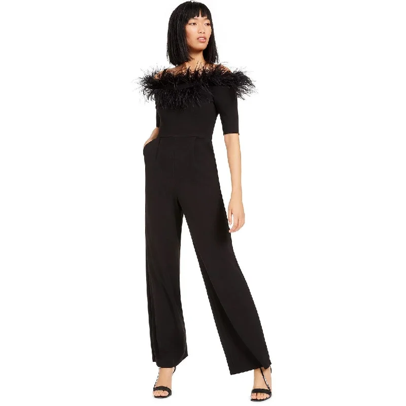 Women's Casual Raglan Sleeve Dresses-Calvin Klein Women's Off-The-Shoulder Feather Jumpsuit Black Size 16