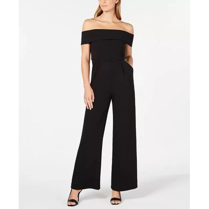 Women's Casual Swing Solid Color Dresses-Calvin Klein Women's Off-The-Shoulder Jumpsuit Black Size 6 Petite - 6 Petite