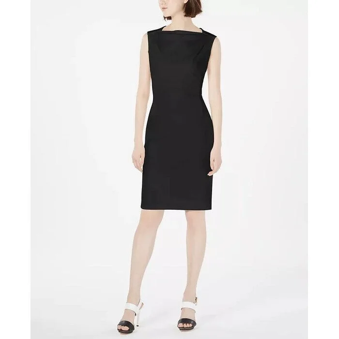 Women's Casual Ruched Dresses-Calvin Klein Women's Petite Boat-Neck Sheath Dress Black Size 2P