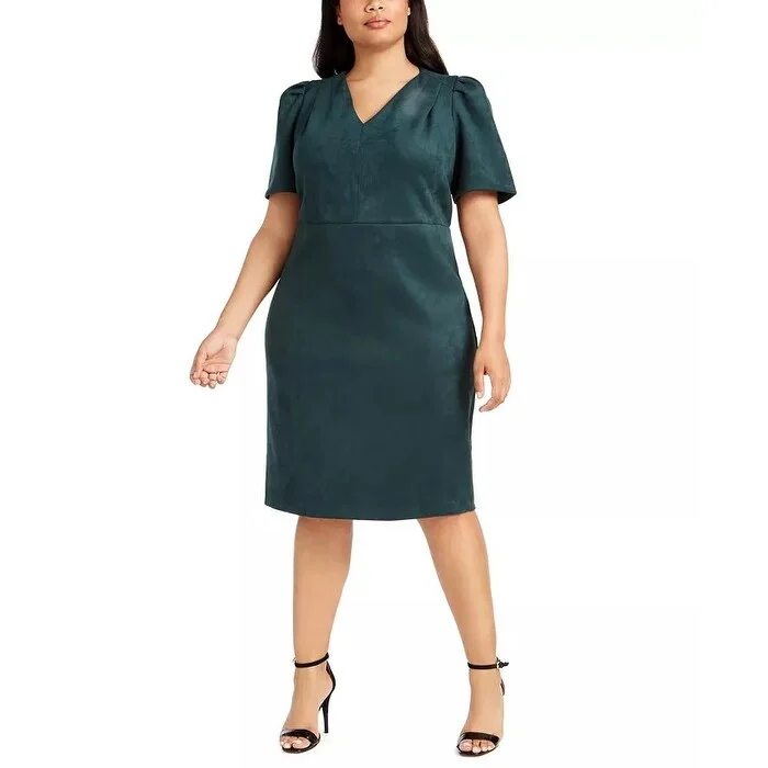 Women's Casual Park Print Dresses-Calvin Klein Women's Plus Size Puff-Sleeve Faux-Suede Dress Green Size 20