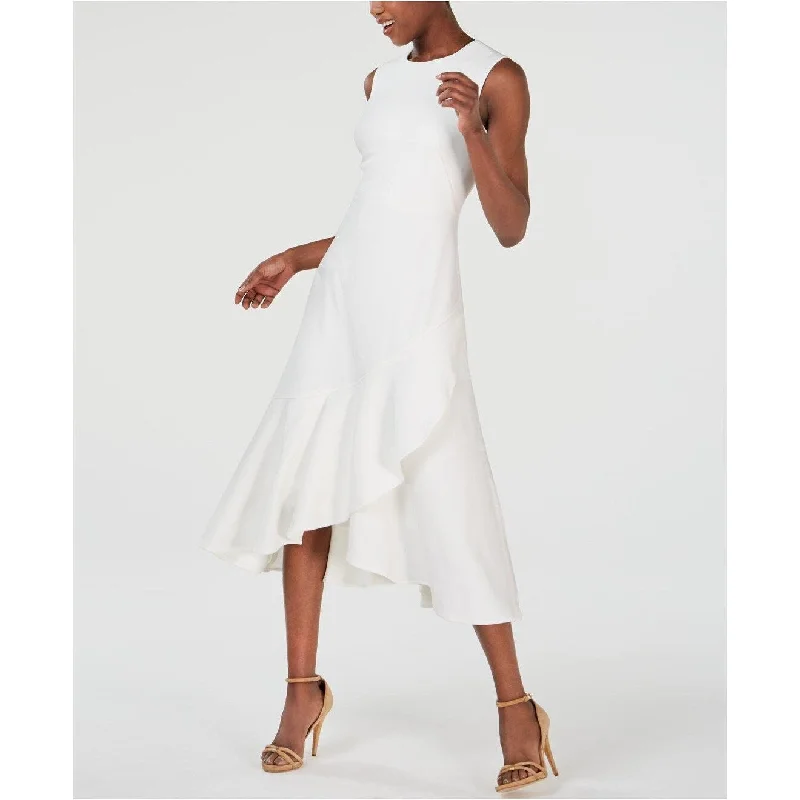 Women's Casual Party Solid Color Dresses-Calvin Klein Women's Sleeveless Flounce-Hem A-Line Dress White Size 2