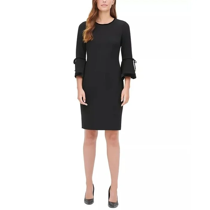 Women's Casual Dolman Sleeve Dresses-Calvin Klein Women's Velvet-Cuff Shift Dress Black Size 10