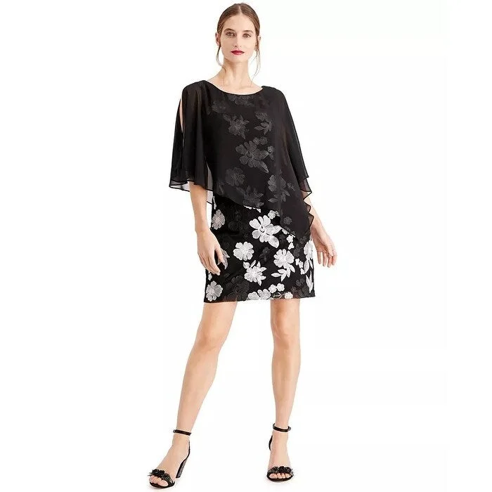 Women's Casual Beach Print Dresses-Connected Women's Embroidered Chiffon Capelet Dress Black Size 8