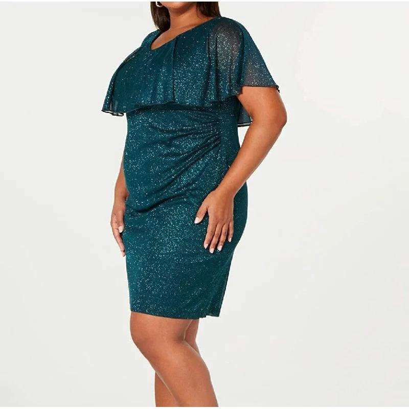 Women's Casual Solid Color Dresses-Connected Women's Metallic Popover Dress Hunter Green Size 14W - 14