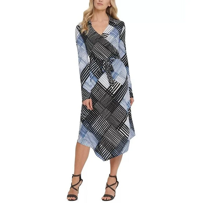 Women's Casual Raglan Sleeve Dresses-DKNY Women's Printed Faux-Wrap Dress Blue Size Small