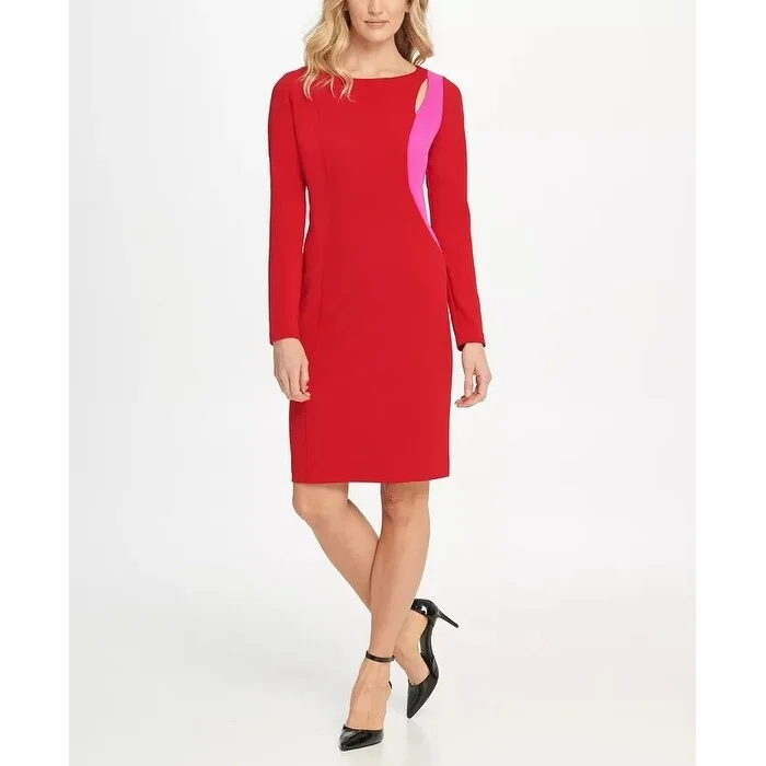 Women's Casual Festival Floral Dresses-DKNY Women's Two Tone Cutout Sheath Dress Red Size 16