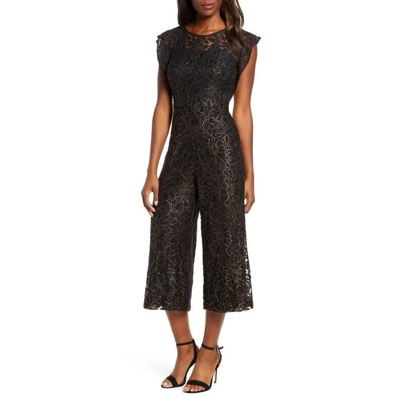 Women's Casual Mini Beach Dresses-Donna Ricco Women's Flounce Sleeve Lace Jumpsuit Black Size 8