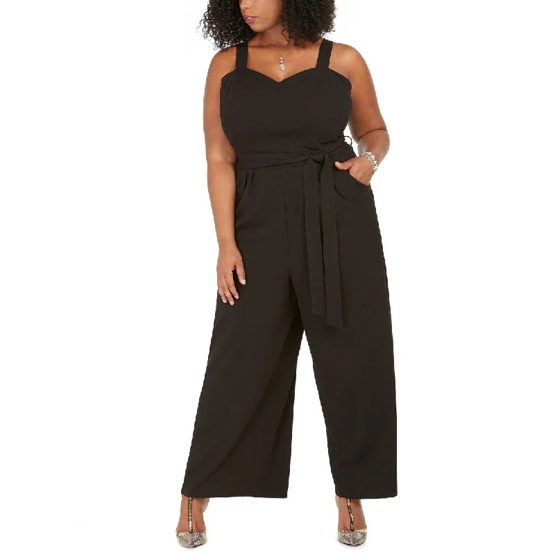 Women's Casual Beach Dresses-Emerald Sundae Women's Trendy Belted Wide-Leg Jumpsuit Black Size 16