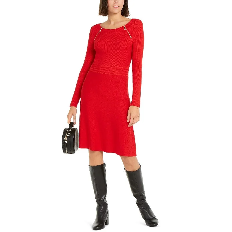 Women's Casual Festival Solid Color Dresses-INC Women's Zip-Detail Fit & Flare Sweater Dress Red Size Large