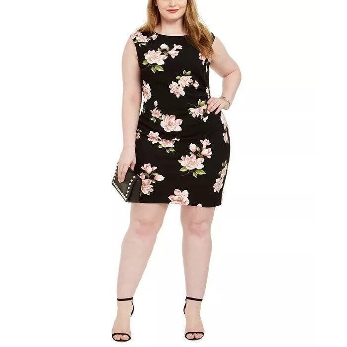 Women's Casual Picnic Solid Color Dresses-Jessica Howard Women's Plus Size Floral-Print Sheath Dress Black Size 24