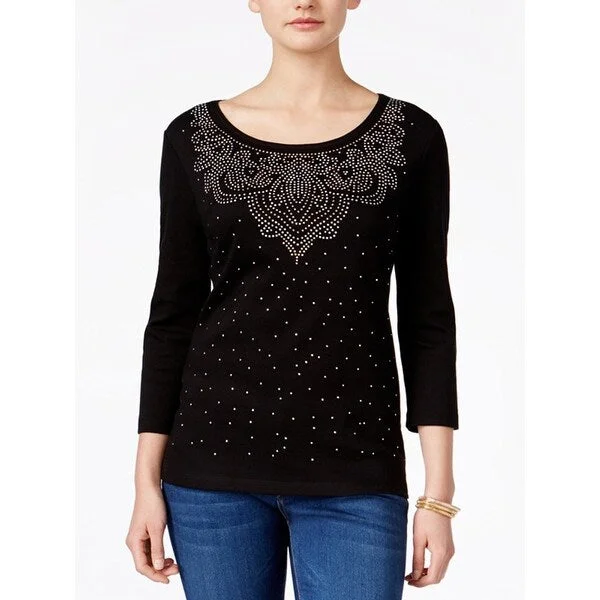 Women's Casual Lace Dresses-Karen Scott Scoop Neck Embelished 3/4 Sleeve T-Shirt Deep Black, Size L