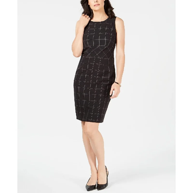 Women's Casual Day Print Dresses-Kasper Women's Windowpane Plaid Sheath Dress Charcoal Size 12