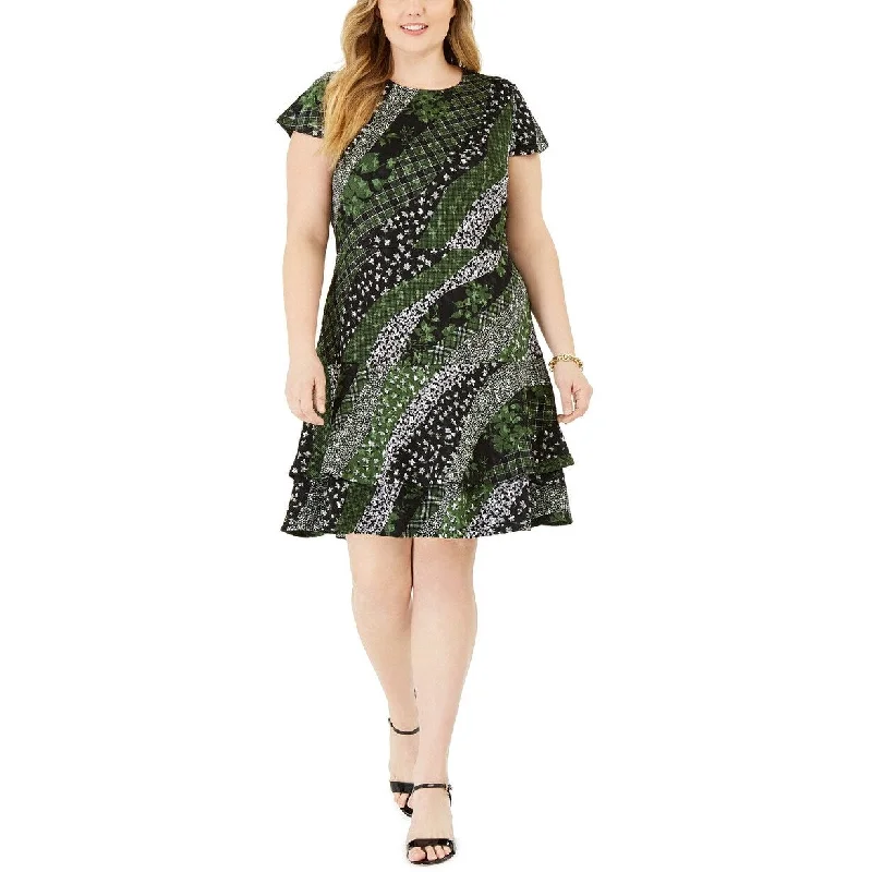 Women's Casual Comfy Dresses-Michael Kors Women's Plus Mixed Print Tiered Hem Dress Green Size 3 Extra Large