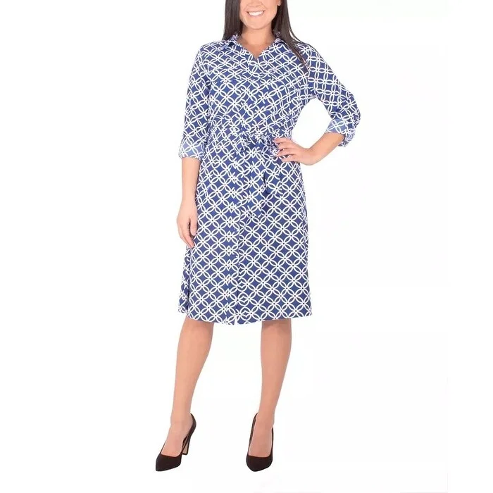 Women's Casual Flowy Dresses-NY Collection Women's Roll Tab Shirtdress With Belt Blue Size L - Large