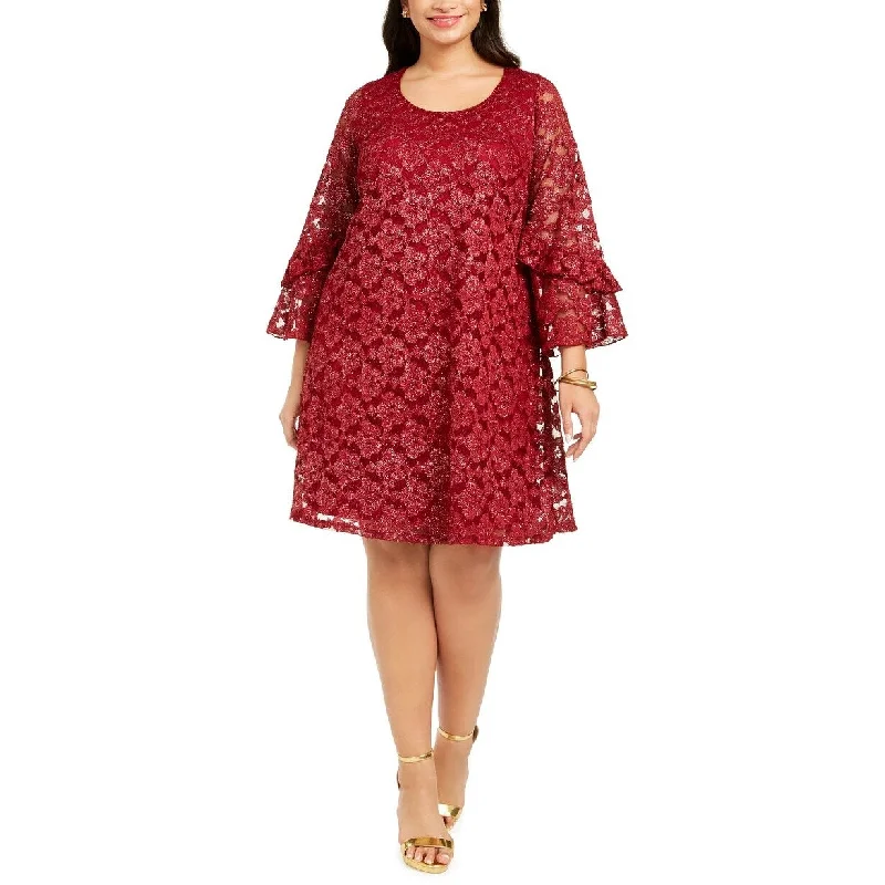 Women's Casual Travel Floral Dresses-Robbie Bee Women's Plus Bell Sleeve Lace Dress Medium Red Size 3X