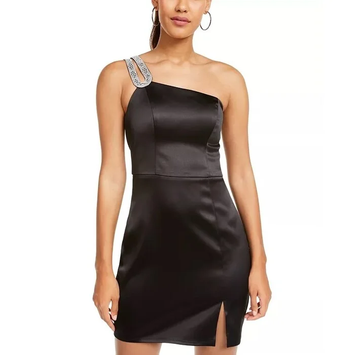 Women's Casual Comfortable Dresses-Sequin Hearts Junior's Embellished One Shoulder Satin Dress Black Size 5