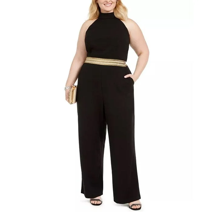 Women's Casual Loose Dresses-Teeze Me Women's Trendy Plus Banded Waist Halter Jumpsuit Black Size 14